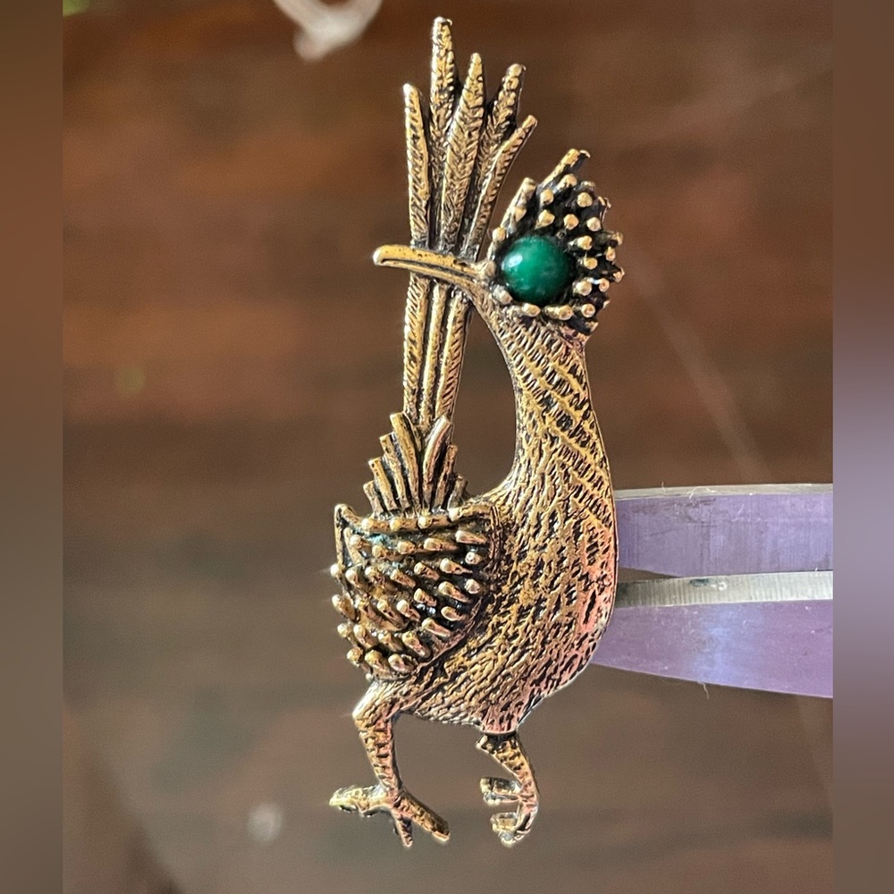 Ambassador Vintage Brooch/ Pin Road Runner Gold with Teal Eye